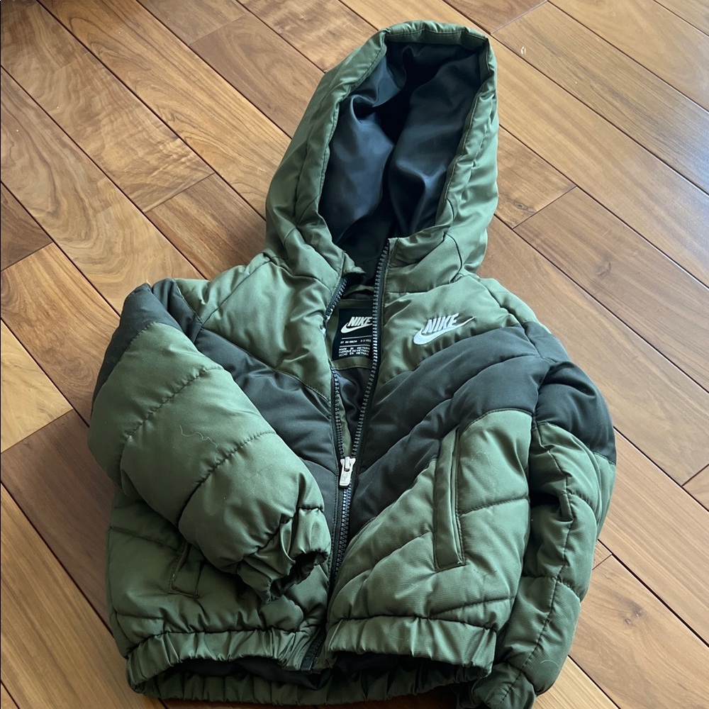 Nike Kids Green Hooded Colorblock Puffer Jacket